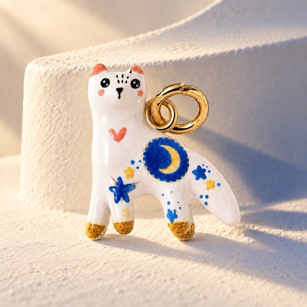 Whimsical Cat Pendant Blue Moon Stars Gold Celestial Folk Art Charm Heart Paris